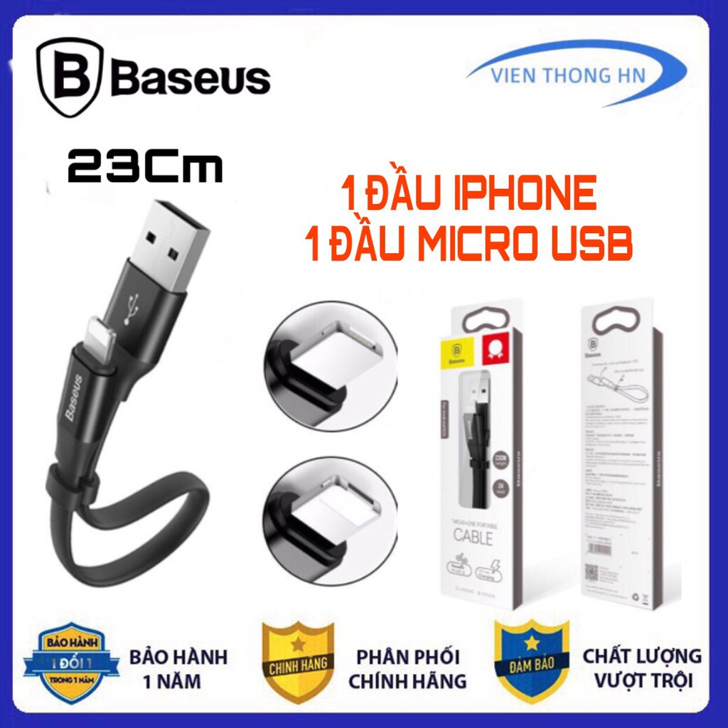 Dây sạc cáp sạc ngắn dây dài 23cm nhanh 2 đầu iphone và micro usb dùng cho pin dự phòng baseus nimble - vienthonghn