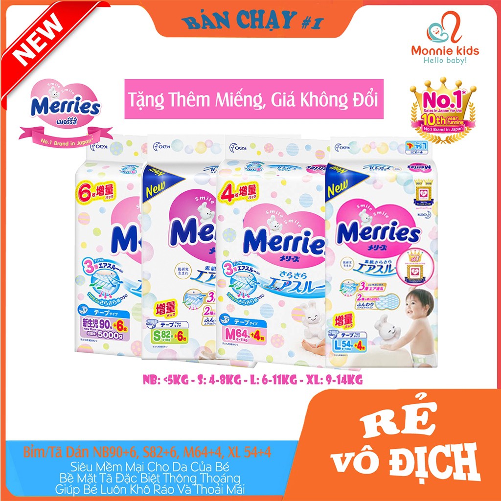 Bỉm Merries ♥️ FREESHIP ♥️ Bỉm Dán Nội Địa Nhật Cộng miếng NB96/S88/M68/L58 (Date Mới)