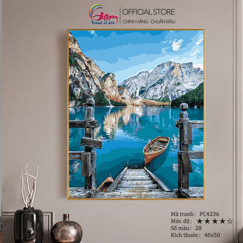 Tranh tô màu theo số phong cảnh hồ nước núi tuyết GAM trang trí phòng đã căng khung 40x50cm PC4236