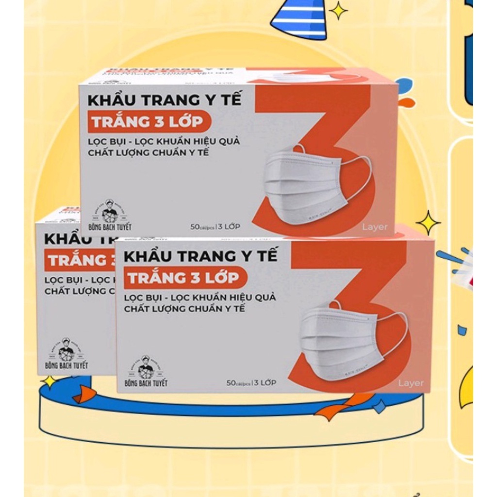 Combo 3 Hộp Khẩu trang Bông Bạch Tuyết 3 lớp trắng  TẶNG 1 KHĂN MẶT COTTON HOẶC CÀI RỬA MẶT COTTON
