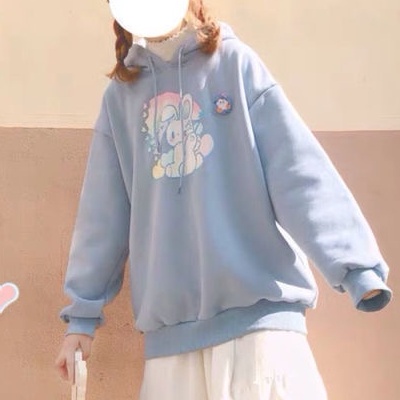 Áo hoodie ZHELIHANGFEI tay dài dáng rộng in hình thỏ cầu vồng phong cách preppy Nhật Bản