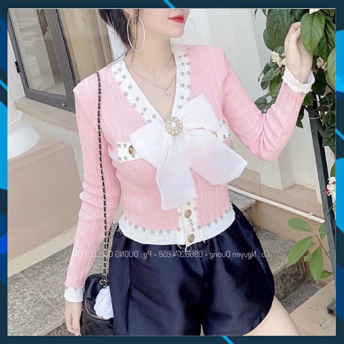 Áo len cổ V tay dài đính nơ viền đá ulzzang kiểu Hàn Quốc | BigBuy360 - bigbuy360.vn