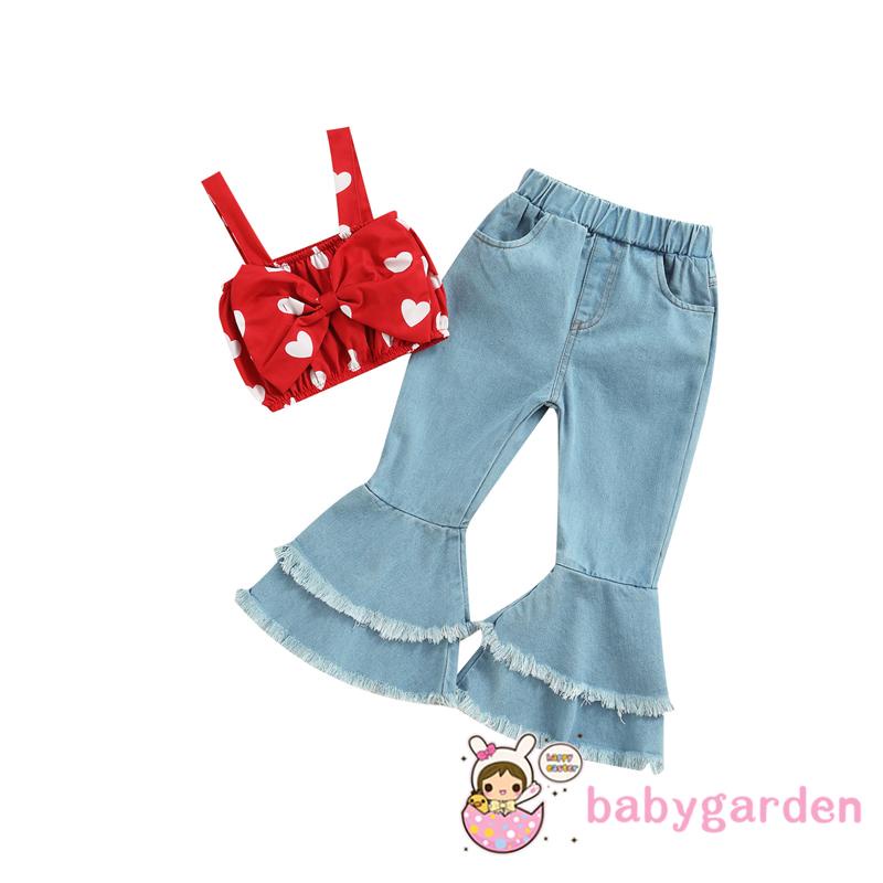 Set trang phục áo hai dây thắt nơ màu trơn + quần jean ống loe thời trang mùa valentine cho bé gái 1-6 tuổi
