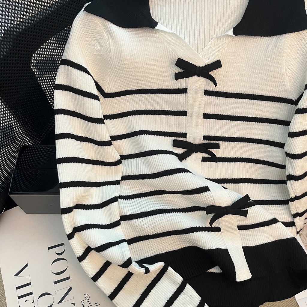 Áo Dệt Kim Tay Dài Cổ Chữ V Thắt Nơ Họa Tiết Kẻ Sọc Màu Sắc Thời Trang Mùa Thu Dành Cho Nữ