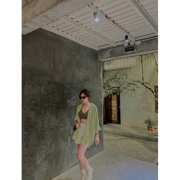 SET ÁO SƠ MI XANH + ÁO CROPTOP XANH 2 DÂY + QUẦN SHORT