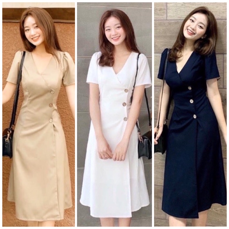 Đầm váy cổ v nút dừa 2 màu
