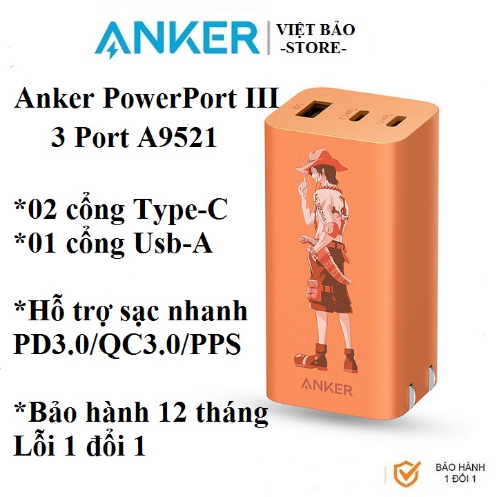 Củ Sạc Anker Powerport III 3 cổng 65w bản ONE PIECE A9521, hỗ trợ sạc PD/PPS/QC [Bảo hành 12 tháng]