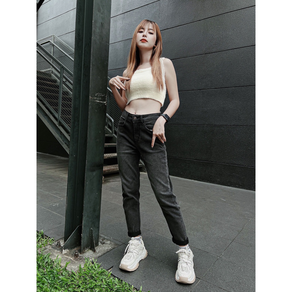 Quần jean nữ boyfriend baggy trơn dài co giãn HQJEANS