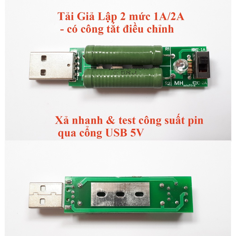 Tải giả lập 1A/2A test dòng xả pin dự phòng củ sạc 5V 1A và 5V 2A