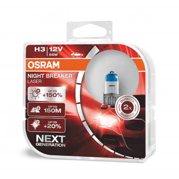 Bóng đèn tăng sáng 150% Osram Night Breaker Laser  H3 12v 55w (Hộp 2 bóng), hàng chính hãng Osram, Made in Germary