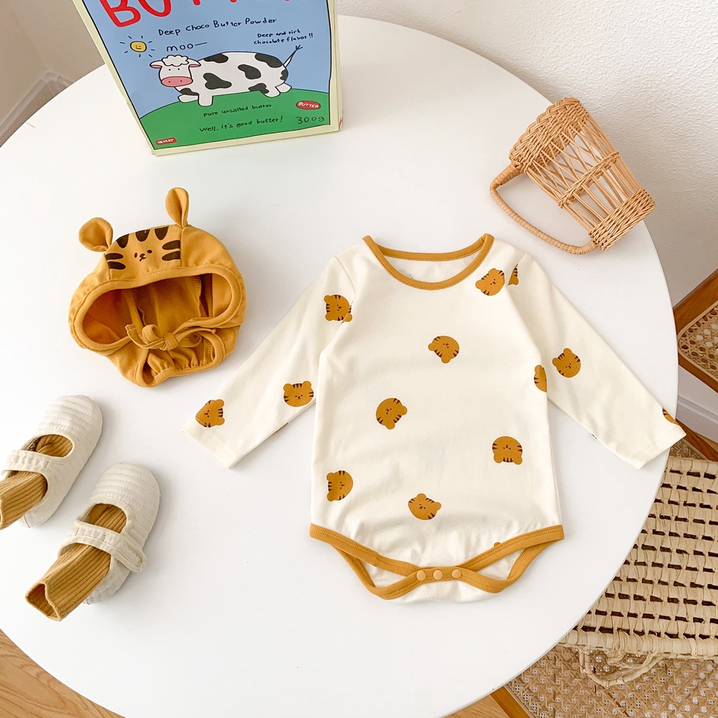 Bộ Áo Liền Quần Cotton Tay Dài In Hình Hổ + 1 Nón Dễ Thương Dành Cho Bé Trai/Bé Gái