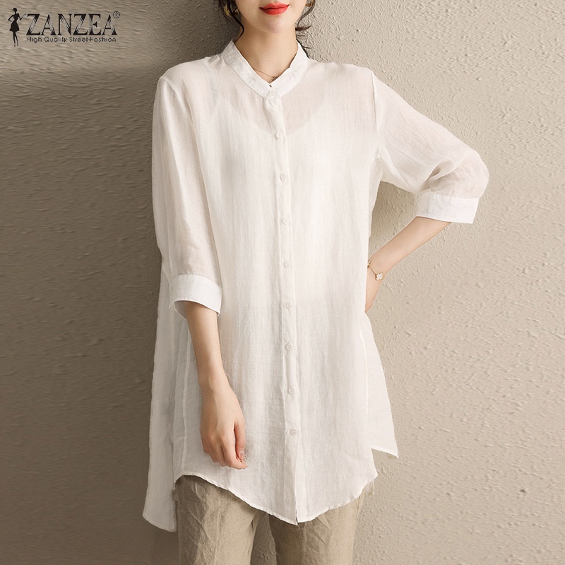 Áo sơ mi Zanzea tay 3/4 cổ đứng thiết kế xẻ tà thời trang cho nữ