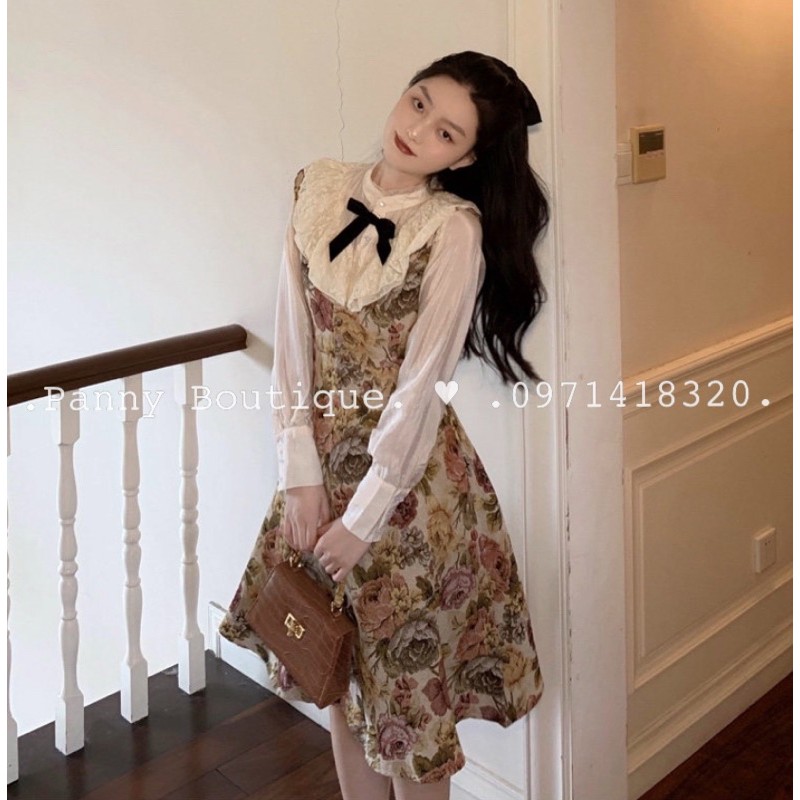 Set đầm yếm hoa kèm áo sơmi+nơ nhung vintage, style ulzzang Hàn Quốc 🌻 Panny Boutique 🌻