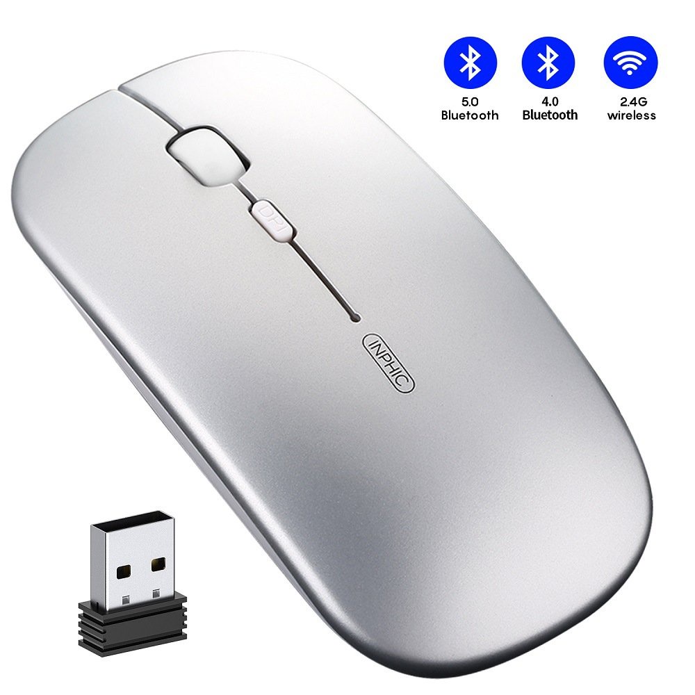 Chuột không dây Bluetooth 2.4Ghz  2 trong 1 chống ồn tự sạc pin chính hãng inphic cho laptop táo PC