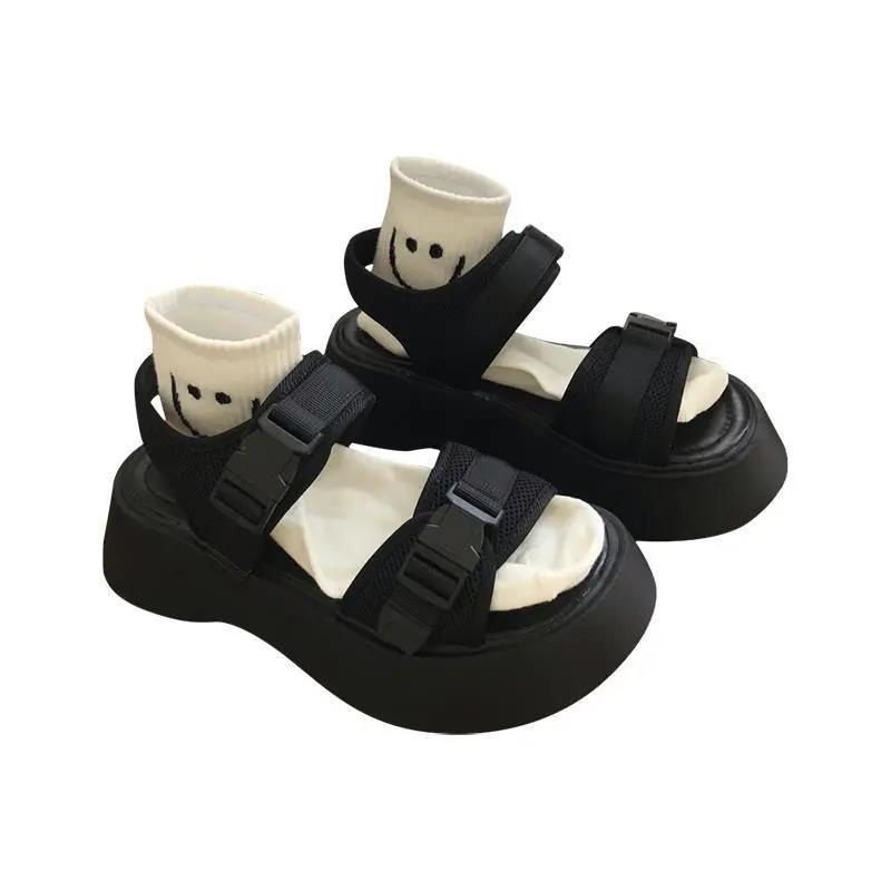 Jiashucheng Giày Sandal Đế Xuồng Dày Màu Đen Phong Cách Harajuku Anh Quốc Dễ Phối Đồ Thời Trang Mùa Hè Cho Nữ