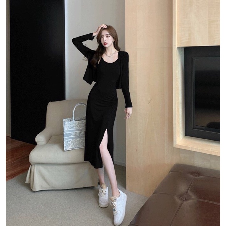 Sét Váy 2 Dây Nhún Đùi + ÁO Khoác Ngoài Dài Tay Chất Siêu Đẹp Hàng Bao Bán Shop
