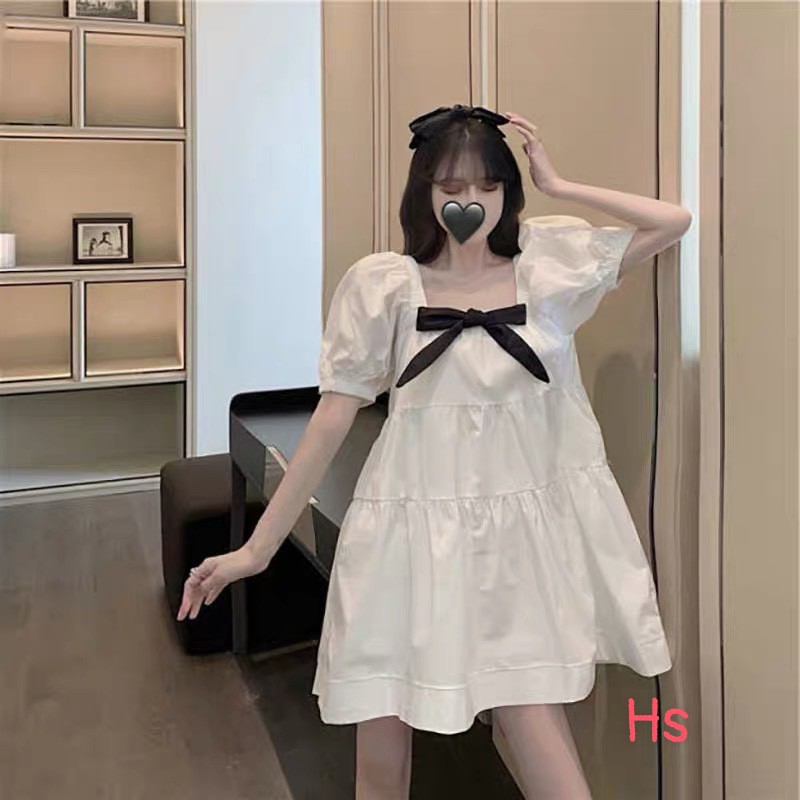 Váy trắng trễ vai babydoll thắt nơ đen mặc được 2 kiểu (ảnh thật cuối)