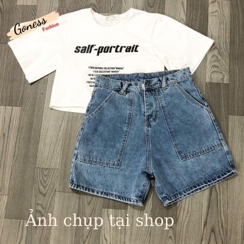 Quần short jeans nữ Goness cạp cao trơn màu xanh denim phong cách Hàn Quốc qs256