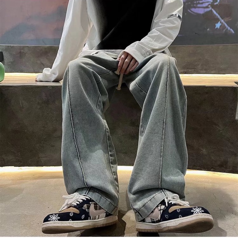 Quần denim đen ống rộng thời trang đường phố Hong Kong phong cách xuân hè cho nam