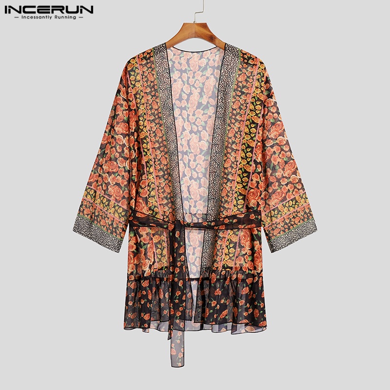 INCERUN Áo Khoác Lưới Cardigan Tay 3 / 4 In Họa Tiết Hoa Phong Cách Cổ Điển Thời Trang Cho Nam