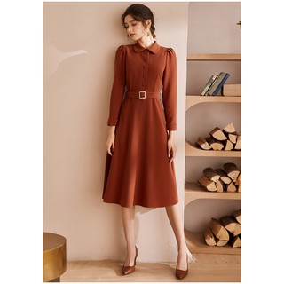 Đầm cam đất cổ sơ mi xòe tay đài kèm đai eo