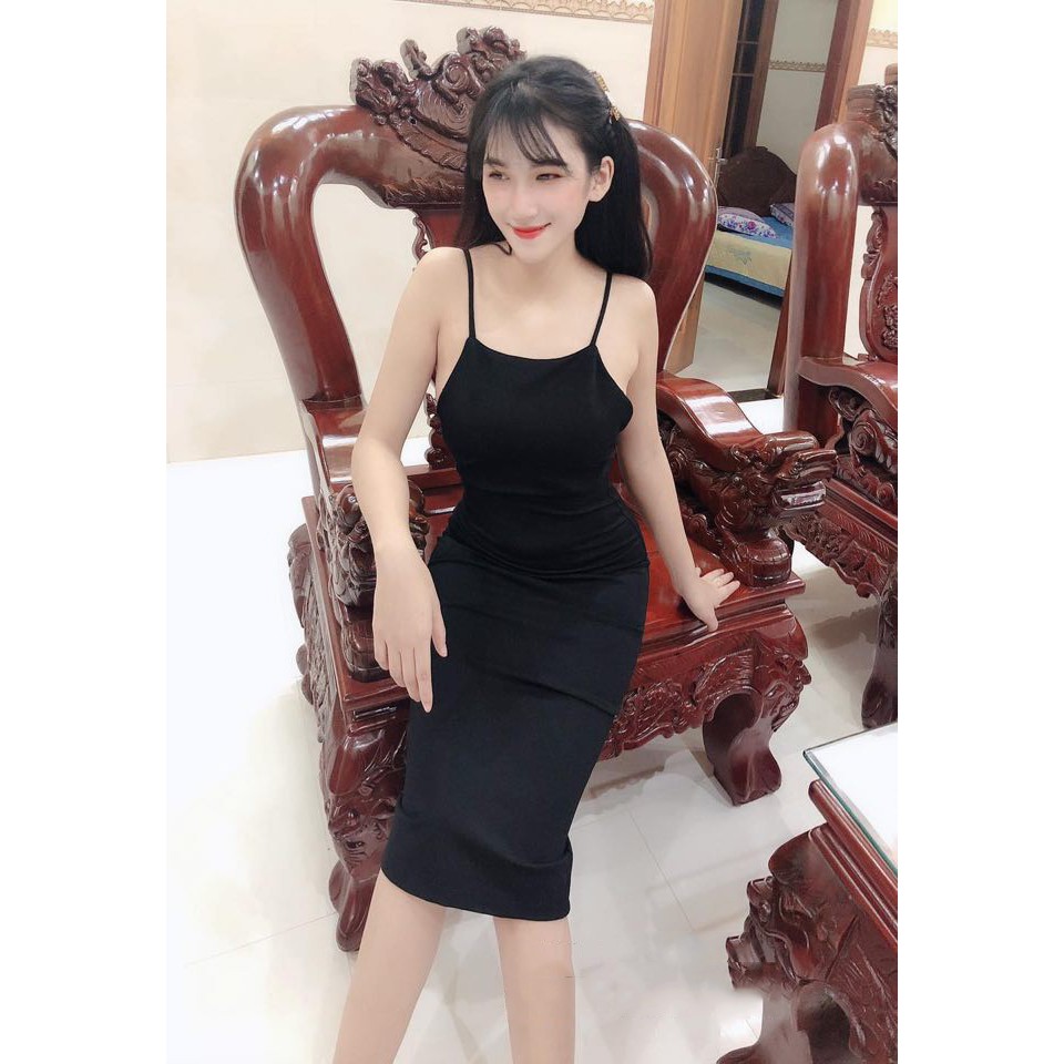 Đầm Ôm Body 2 Dây Cổ Yếm Hở Lưng Xẻ Tà SauThời Trang Nữ Sam Closet Free Size 40-55kg