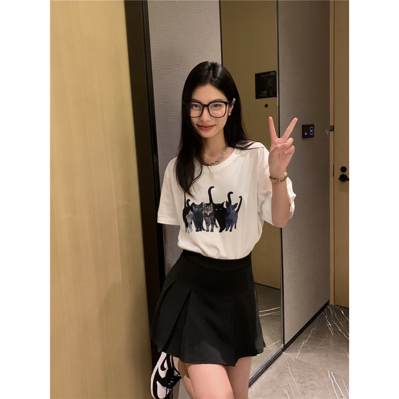 Áo thun Peppermint 50423 vải cotton cổ tròn dáng rộng ngắn tay in hình mèo dễ thương