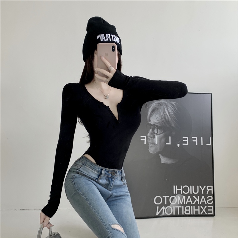 Glorki one-piece top women's crotch European and American style sexy hot girl tight long-sleeved one-shoulder knitted shirt inner base shirt autumn | BigBuy360 - bigbuy360.vn