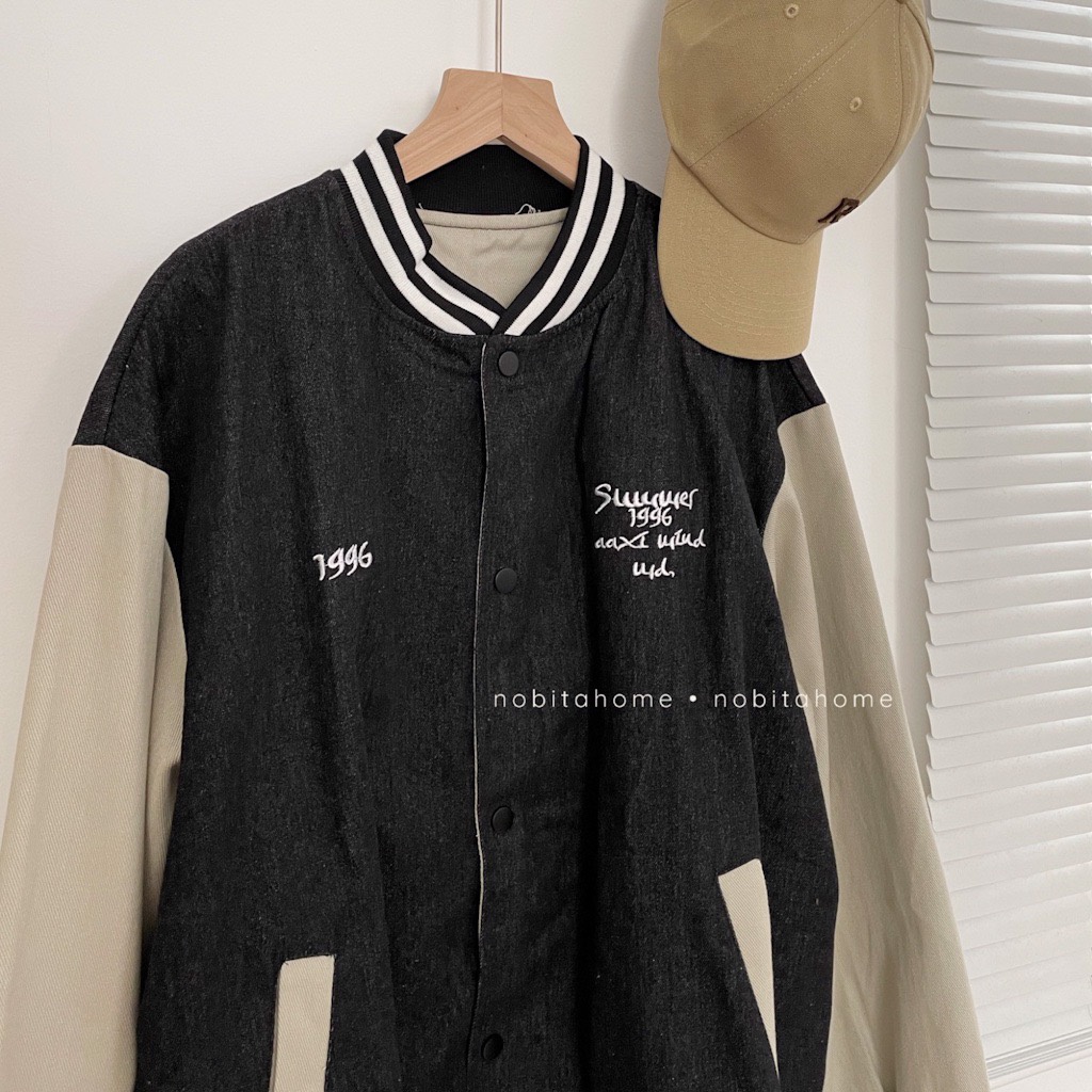 NOBITA HOME - Áo khoác bóng chày vải denim mềm có lớp lót 7442