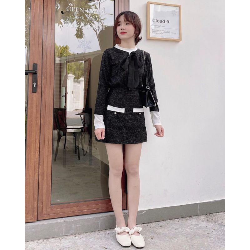 Set dạ mùa thu đông dạ gồm áo khoác len tiêu và chân váy phối trắng ullzang