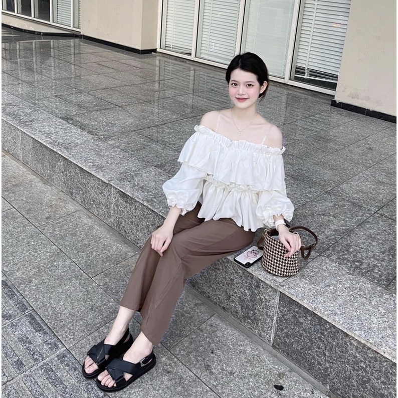 Áo trễ vai tiểu thư chất đũi