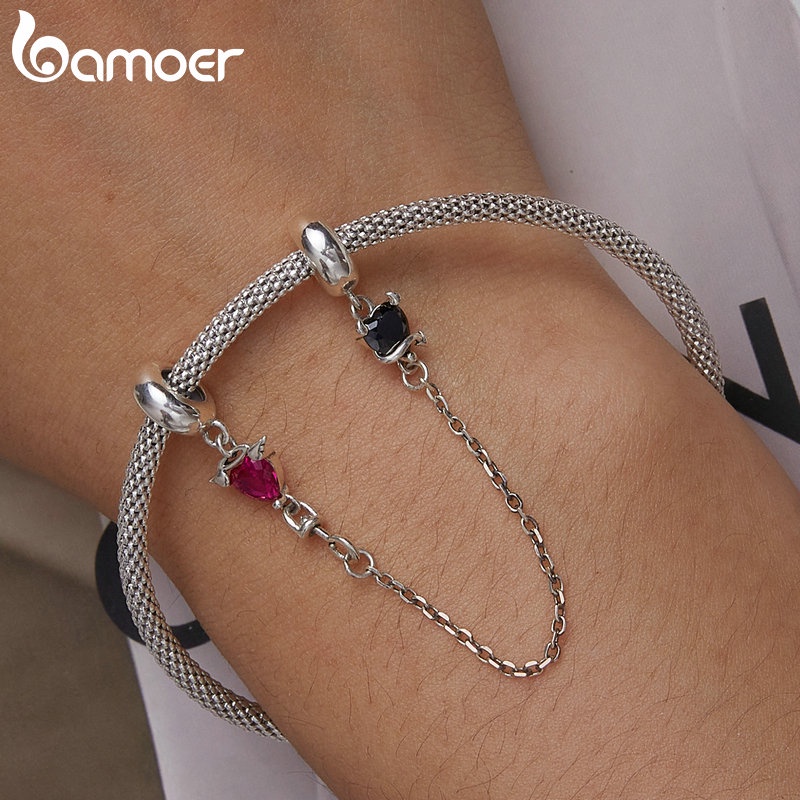 Mặt dây BAMOER bằng bạc 925 hình trái tim biểu tượng thiên thần và ác quỷ trang trí vòng tay/vòng cổ DIY