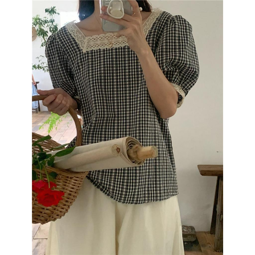 Áo Sơ Mi Nữ Tay Ngắn Kẻ Sọc Caro Phối Ren 54808