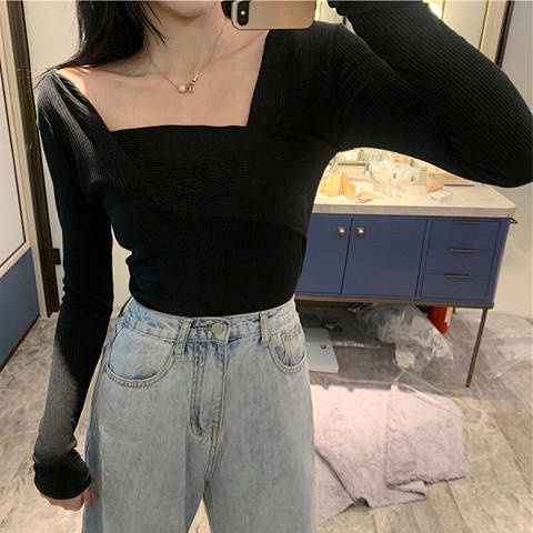 Áo Thun Tay Dài Cổ Vuông Form Ôm Màu Xám Phong Cách Retro Hong Kong Mới 2019 Cho Nữ | BigBuy360 - bigbuy360.vn