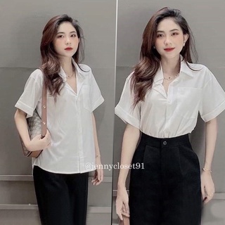 Áo sơ mi trắng nữ cộc tay form rộng tay ngắn lỡ kiểu áo sơ mi nữ basic có túi mặc đi học sinh viên làm công sở đều đẹp