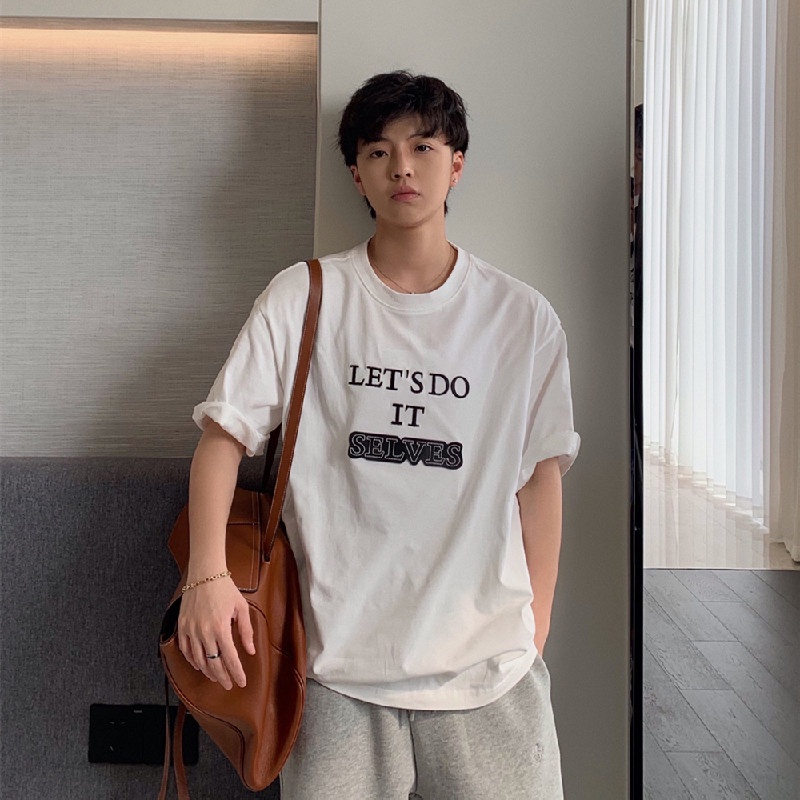 Áo Thun Nam Tay Ngắn Dáng Rộng Có In Chữ Phong Cách Hàn Quốc