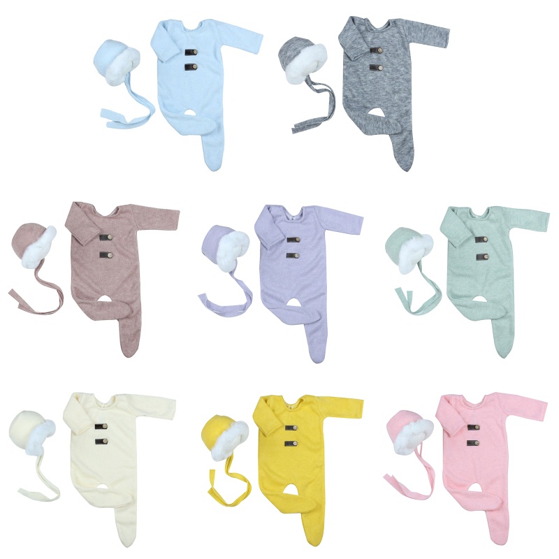 Bộ 2 Món Áo Liền Quần Dệt Kim + Mũ Beanie Dễ Thương Dùng Chụp Ảnh Cho Bé Sơ Sinh