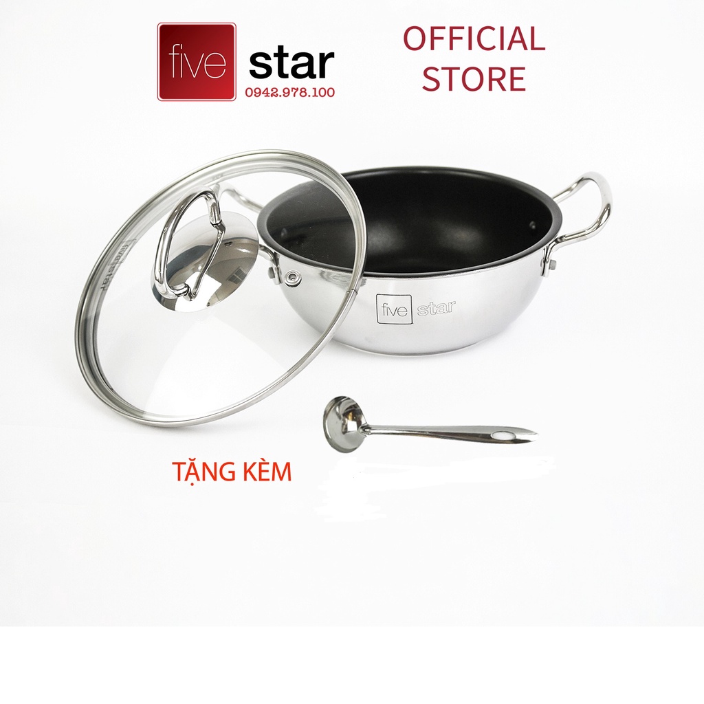 Nồi inox chống dính kho cá thịt  Fivestar ( 18cm / 20cm / 22cm ) , tặng 1 vá canh , inox 430, bếp từ , gas, hồng ngoại