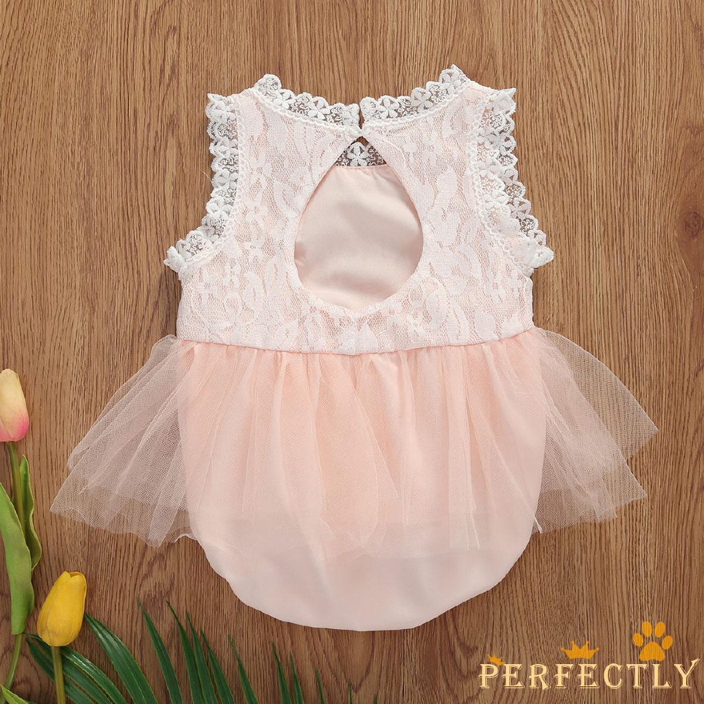 ✨QDA-0-18m Baby Girl Sleeveless Princess Mesh Bow Belt Lace Elastic Classic Round Neck Bodysuit