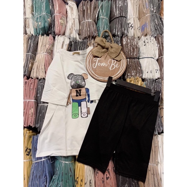 [Rẻ vô địch] Set bộ áo gấu mix quần legging , áo thun unisex mix quần legging lửng