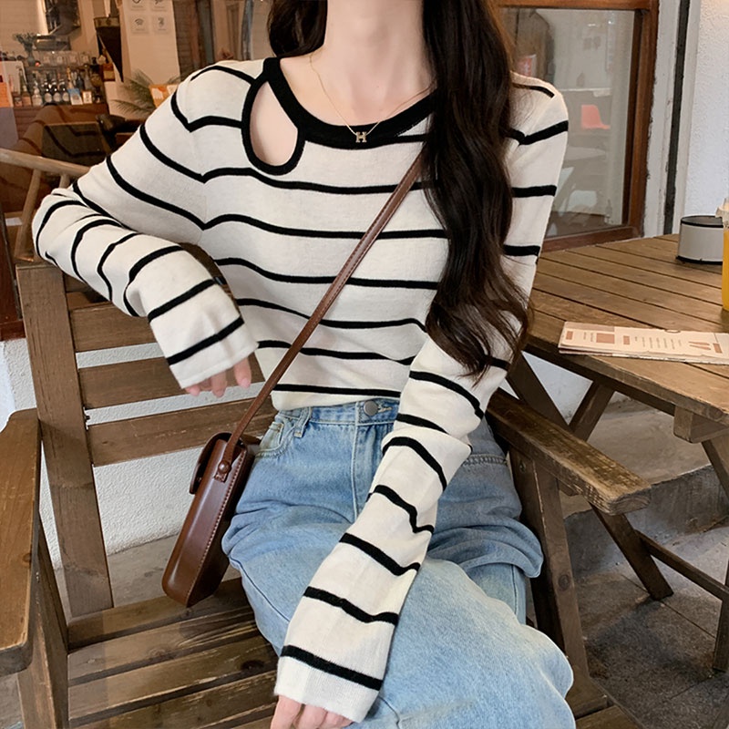 Áo Thun Tay Dài Dệt Kim Họa Tiết Sọc Trắng Đen Thời Trang Hàn Quốc Cho Nữ