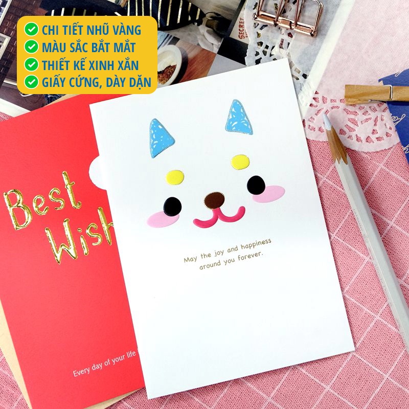 Thiệp giấy For You Greeting Card Cao Cấp Nhập Từ Đài Loan FK2527 với Chữ Nhũ Vàng và Họa tiết Cute 10.4x15cm