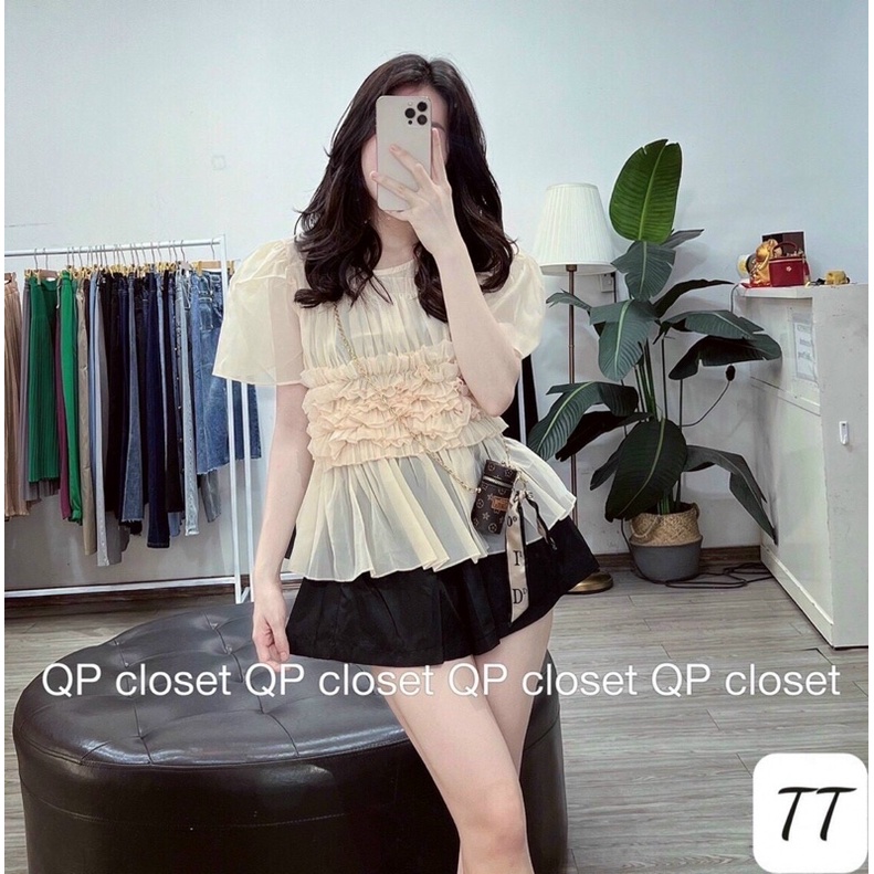 Áo Tơ Xếp Bèo Eo dáng babydoll -tay bồng tiểu thư m136