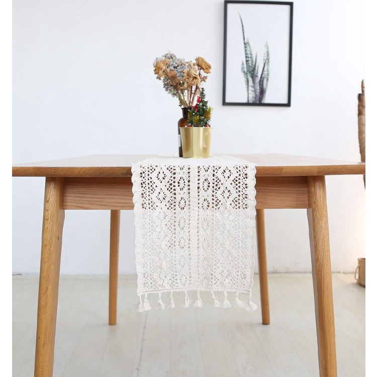 White Crochet Ren Table Runner with Tassel Cotton Wedding Decor Khăn trải bàn rỗng Kiểu Bắc Âu Lãng mạn Khăn trải bàn Cà phê Người chạy trên giường