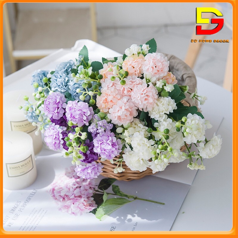 Hoa Lụa, Hoa Tú Cầu Kèm Quả Điểm Độc Đáo Trang Trí Để Bàn Cành 10 Bông Tuyệt Đẹp DG-12