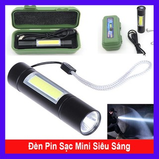 Đèn pin siêu sáng MINI , 2 trong 1 , sạc cổng usb , có led chớp , nhiều chế độ đèn - Tặng cáp sạc, dây đeo và Hộp Nhựa C