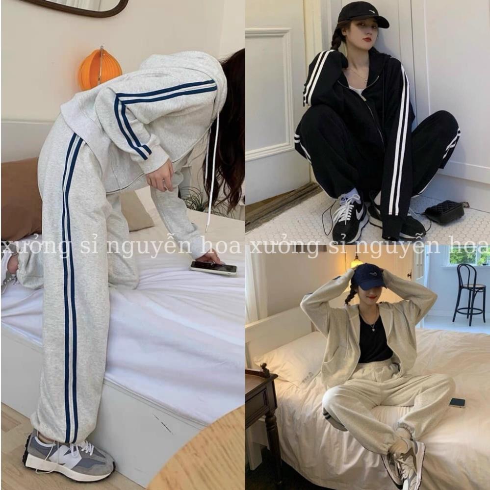 Set bộ nỉ , sét bộ thể thao bo gân xám áo khoác kéo khóa có mũ mix quần jogger 2 sọc rút ống Xưởng Sỉ Nguyễn Hoa !