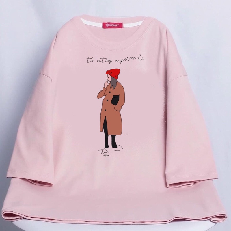 [Giá Huỷ Diệt] Áo cotton tay lỡ dáng rộng unisex cô gái đội mũ đỏ