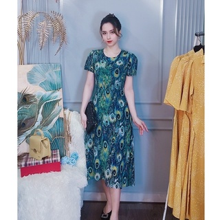 Đầm phom xòe họa tiết lông công Da1493 chất voan lụa 2 lớp, có túi 2 bên