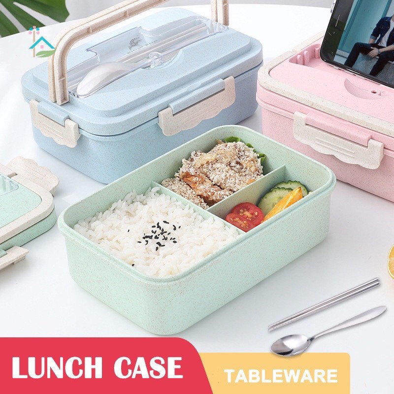 Hộp Đựng Cơm Lúa Mạch 3 Ngăn Dung Tích 1000ml kèm muỗng đũa inox